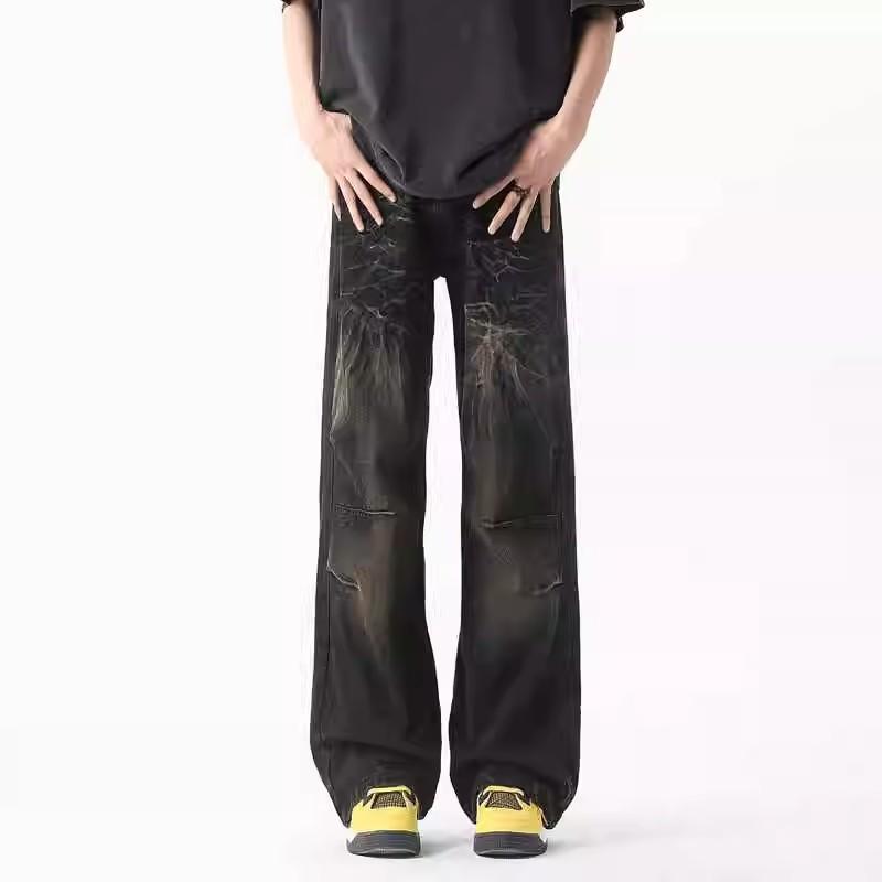 American retro jeans men's loose straight pants high street trendy brand versatile washed old wide-leg casual trousers