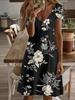 Vneck shortsleeve midi dress floral women printed pattern 3D premium print durable casual fashion elegant summer outfit ladies black and white flower