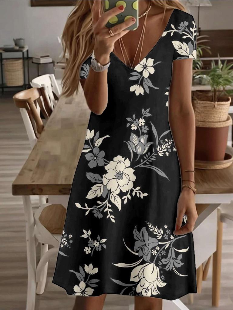 Vneck shortsleeve midi dress floral women printed pattern 3D premium print durable casual fashion elegant summer outfit ladies black and white flower