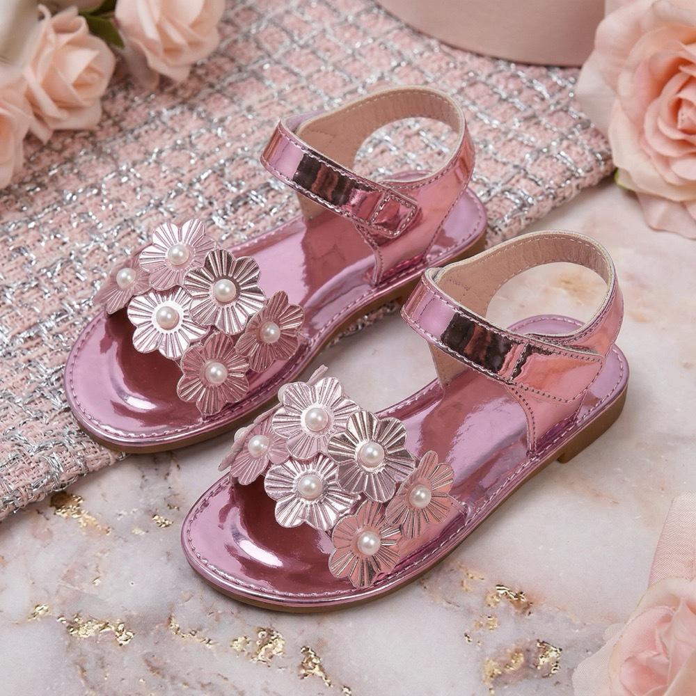 Korean Floral Princess Velcro Flat Sandals for Girls 35 розовый