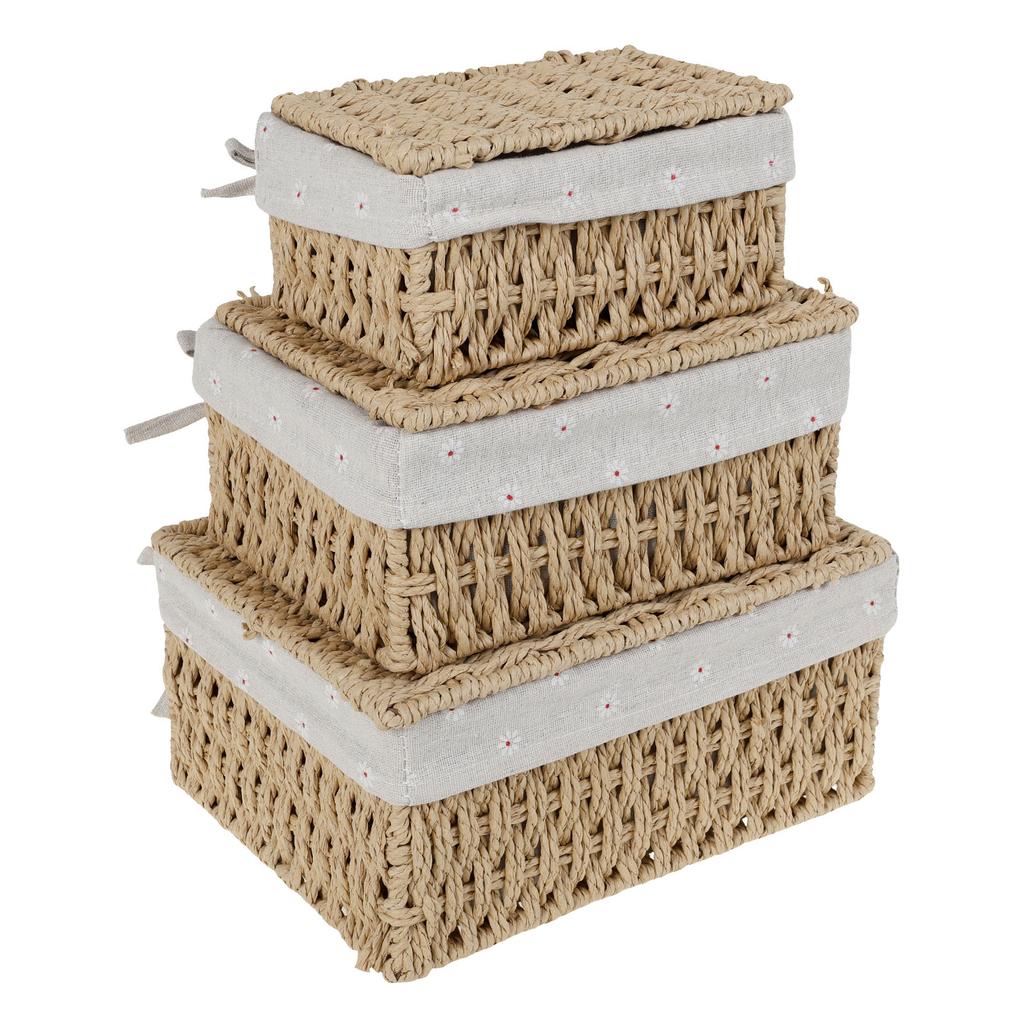 3Pcs Cotton Linen Woven Storage Basket Handwoven with Lid Cosmetic Towel Container Storage Box Household Baskets