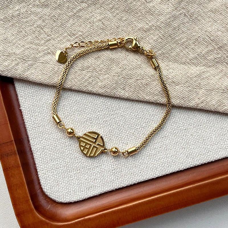 1pc Fashionable High-End Luxury Creative New Chinese-Style Double-Sided Fu Character Stainless Steel Bracelet For Women, Refined, Elegant