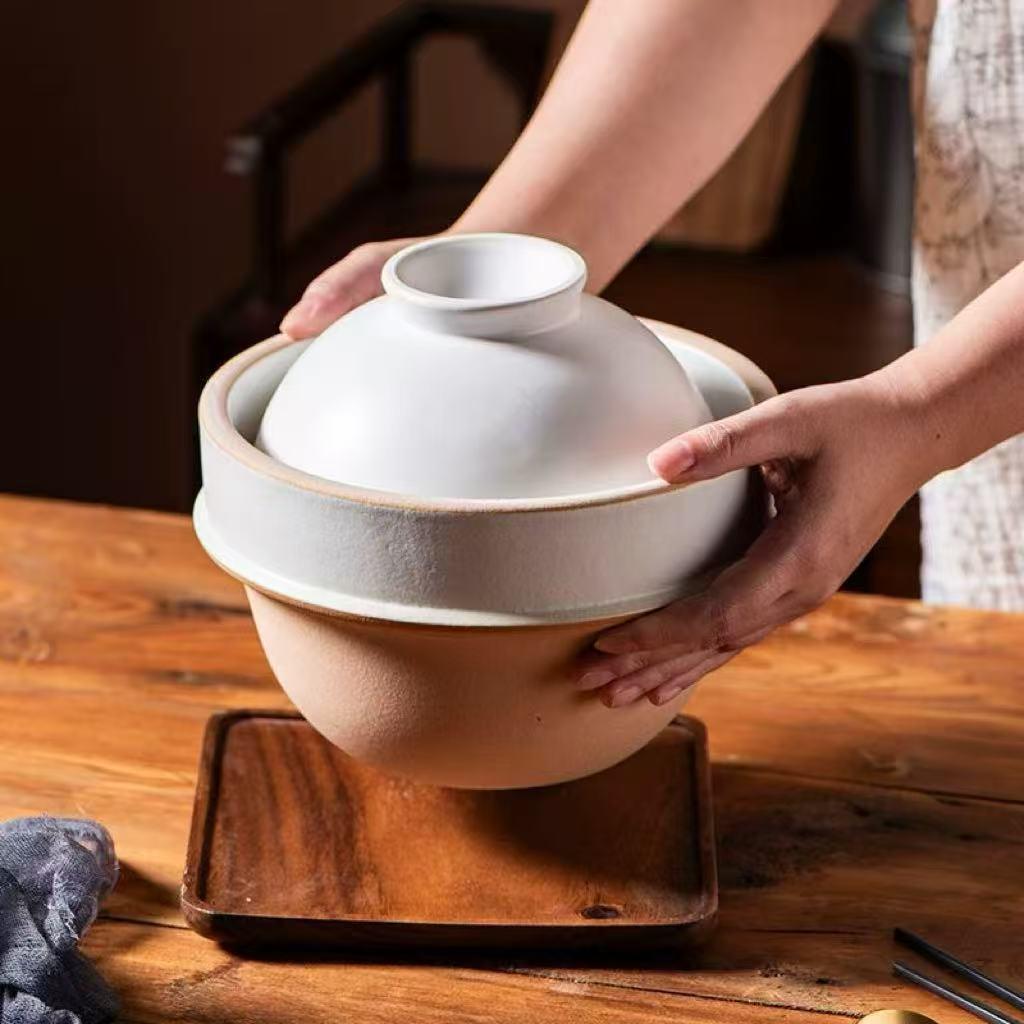 Japanese Earthenware Double-Lidded Pot for Soup, Congee, Claypot Rice - High Temp Resistant, Suitable for Gas Stoves, Dry Firing.