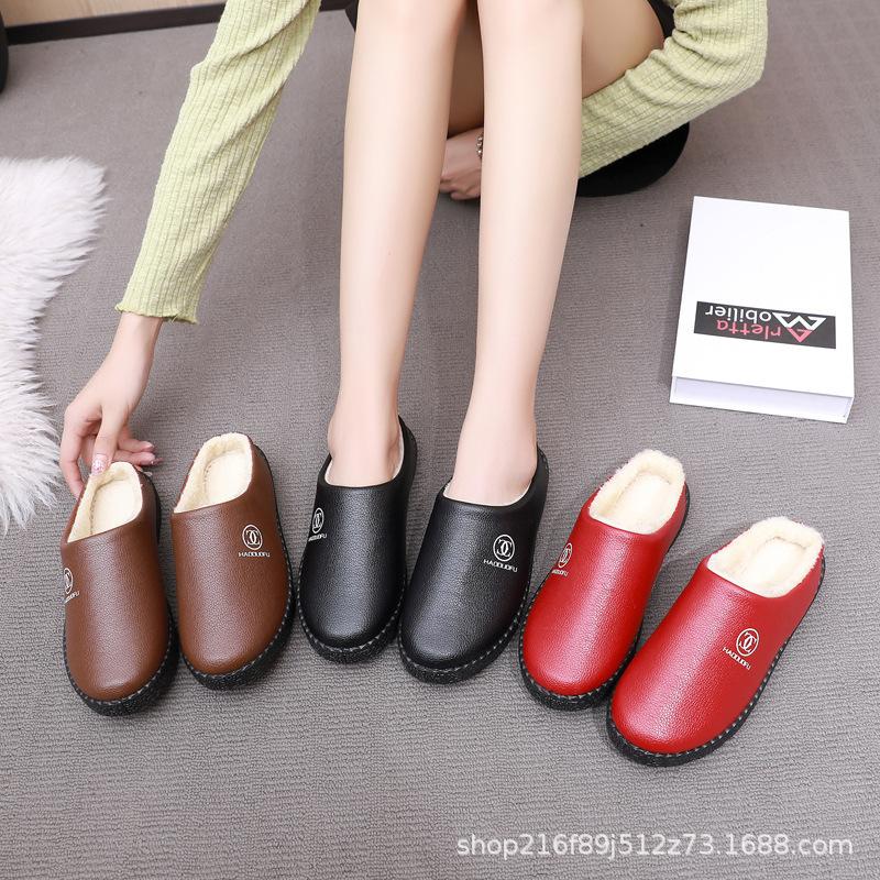 Waterproof cotton slippers winter home thick bottom non-slip cotton slippers indoor warm cotton mop new leather surface