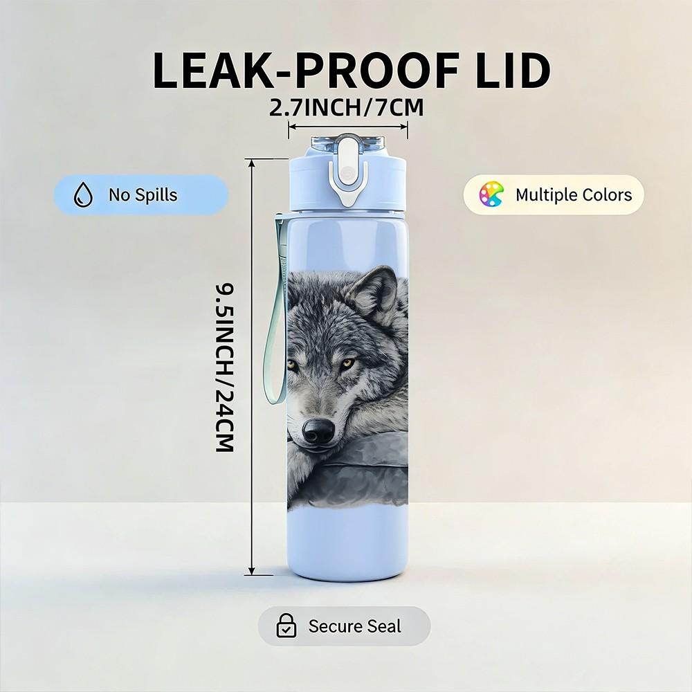 1PC Grey Wolf Wild Animal Portrait Print 750ml Color Plastic Sports Water Bottle Leakproof Flip Straw Lid Suitable for Sports Office Home Use
