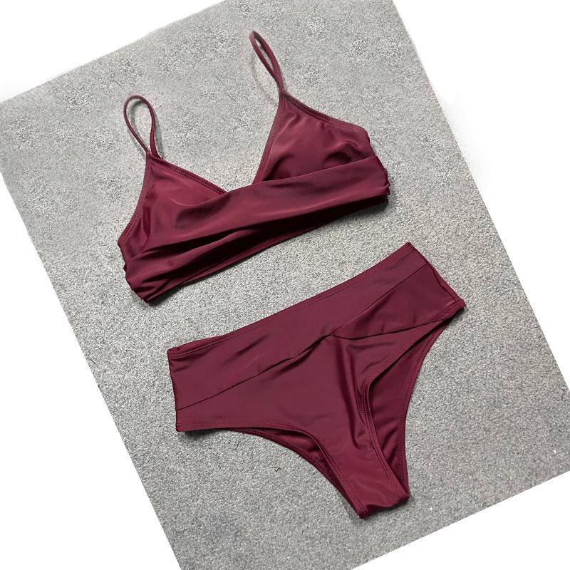 Solid Color Sexy Crossover Soft Cup Bikini - European and American Style Women's Swimwear
