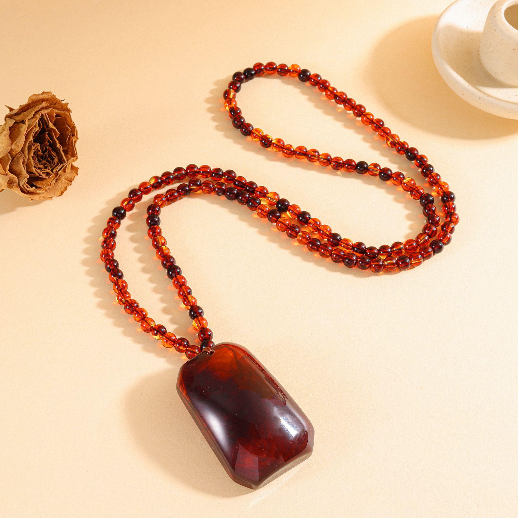 Blood Vein Amber Necklace - Faux Blood Amber and Beeswax with Cloud Pattern Wushi Pai Pendant.