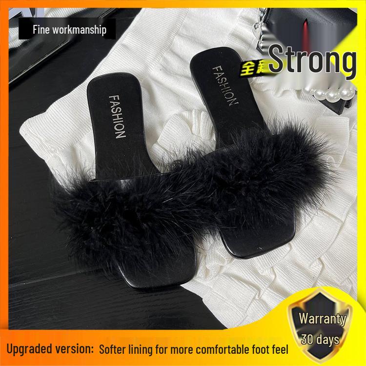 Women's 2026 Summer Fairy Style Furry Slippers - Girly Korean One-Strap Slides, Versatile with Skirts