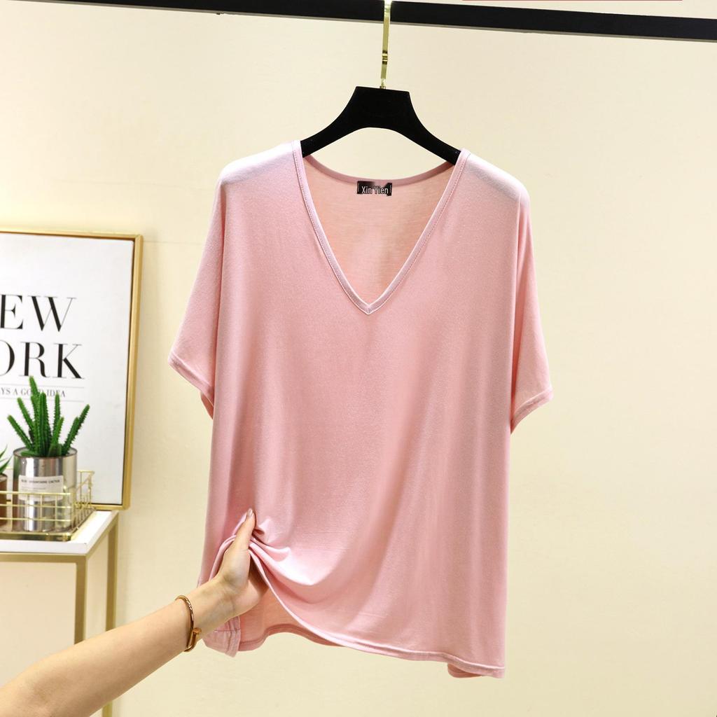 Women's Solid Color V-Neck Cotton Modal Short Sleeve Loose Top