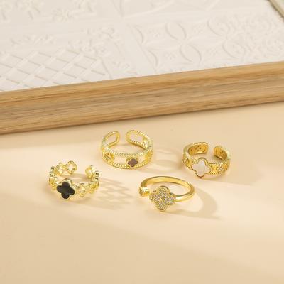 Anillo de Trébol de Cuatro Hojas de Circonita de Lujo Senior Anillo Abierto Ajustable Retro para Mujer Anillo para Dedo