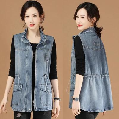 Damen Frühlings-/Herbst-Freizeit-Ärmellose Denim-Weste mit Stehkragen, mittellang, mit Bindevorderseite und Used-Details, für den Weg zur Arbeit
