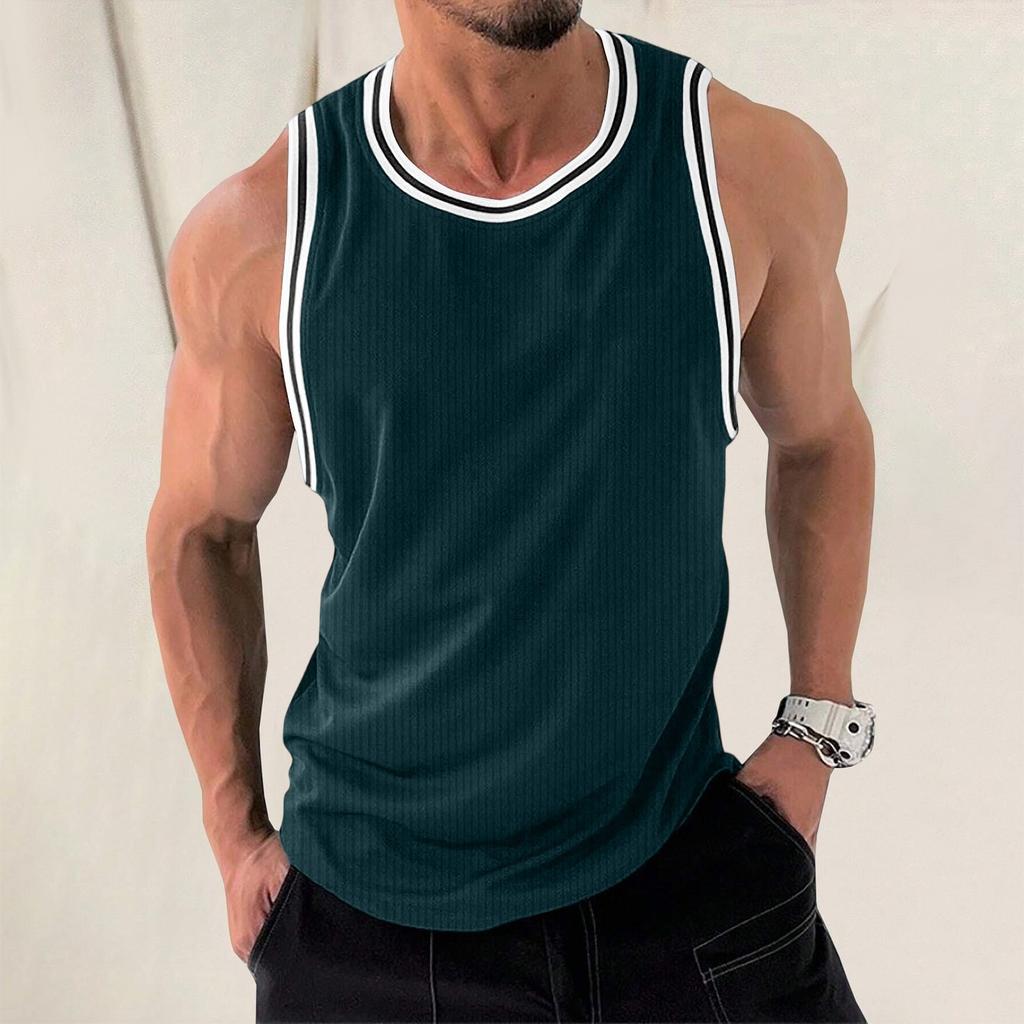 Men's Knit Vertical Stripes Fitness Exercise Slim-fit I-block Color Vest