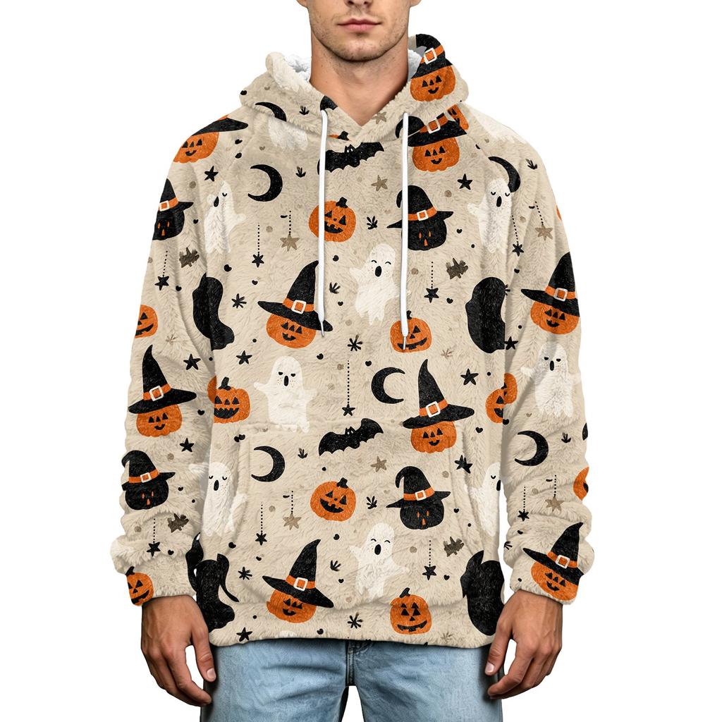 Herren Halloween Print Hoodie Übergröße Flanell Lässiger Pullover Sweatshirt für Herbst und Winter