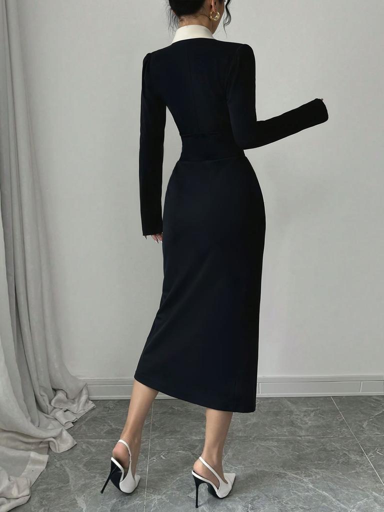 European, American Autumn and Winter Women's Clothing Long-sleeved Fashion V-neck Black and White Splicing Waist Elegant Dress