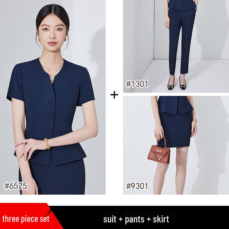 Women's Dark Blue Short-Sleeved Suit Set - Summer Professional Attire for Hotel and Jewelry Store Front Desk.