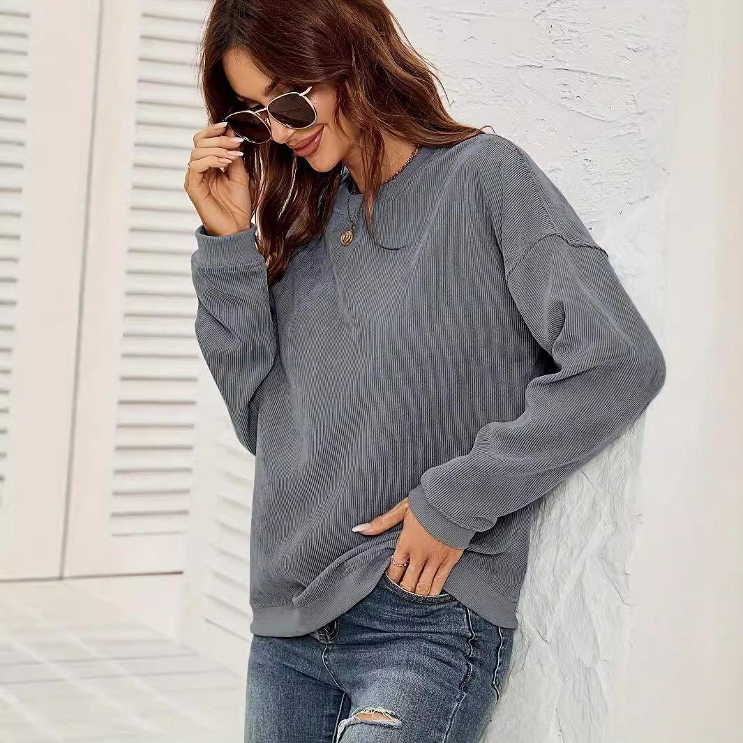 

Осенняя женская ребристая толстовка, повседневный круглый вырез, пуловер, топ с длинным рукавом, модная свободная толстовка XXL серый