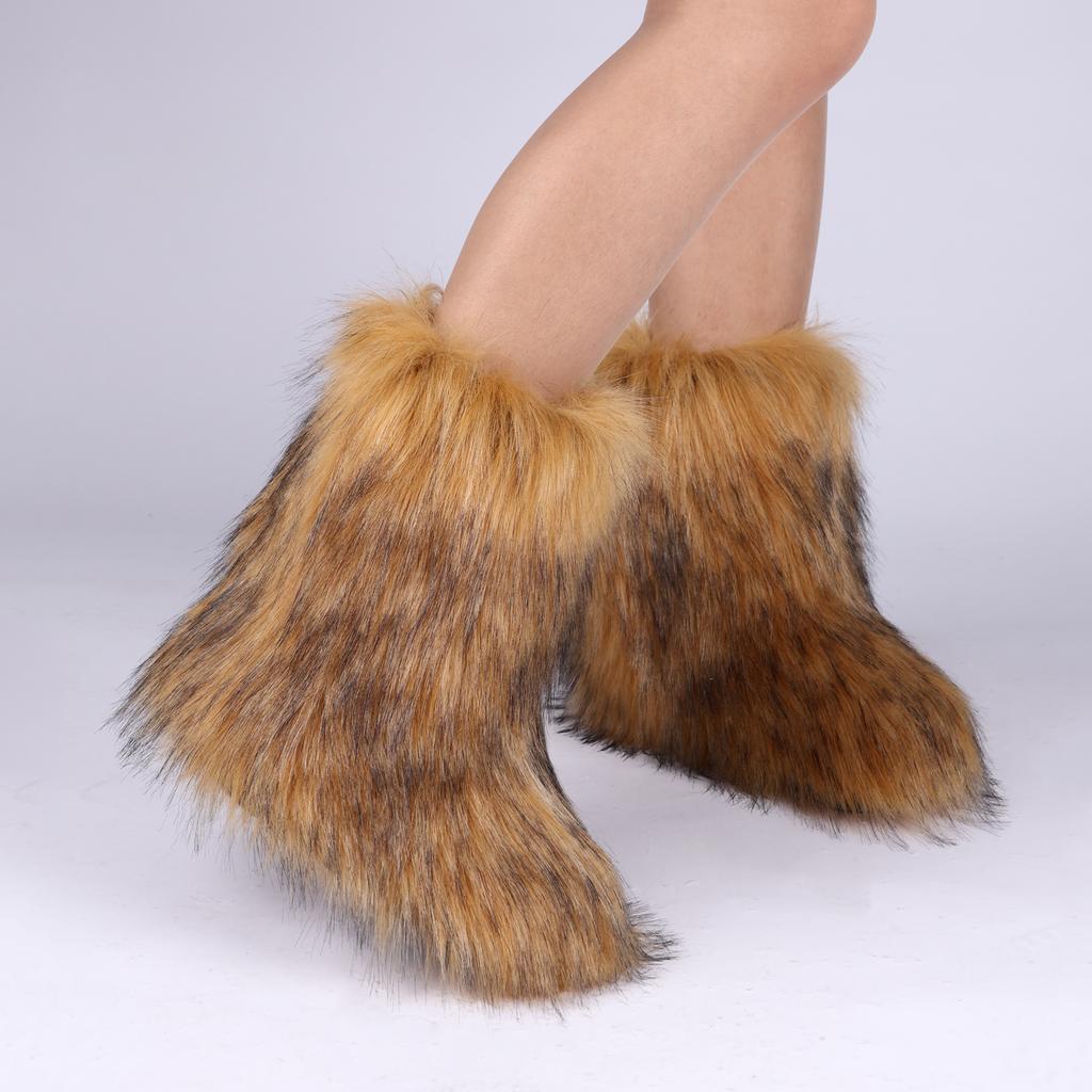 Casual Faux Fox Fur Ankle Boots for Women Winter Warm Plush Short Fur Boots Comfortable Flat Heel Plus Size Snow Boot for Ladies
