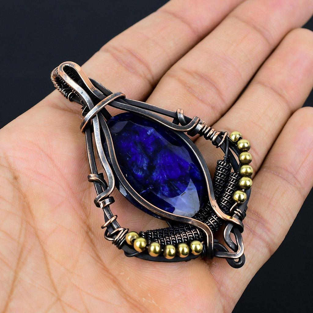 Blue Sapphire Gemstone Pure Copper Wire Wrapped Designer Handmade Pendant Jewelry For Wedding Gift
