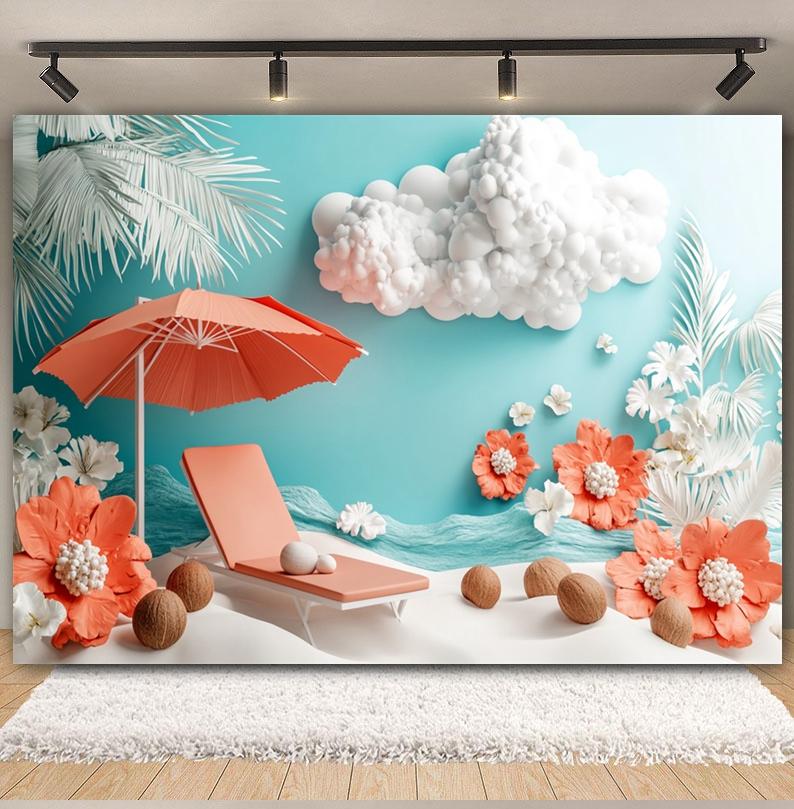 Summer Beach Backdrop Hawaii Tropical Seaside Sunshine Blue Sky Palm Tree Baby Birthday Holiday Party Photography Background