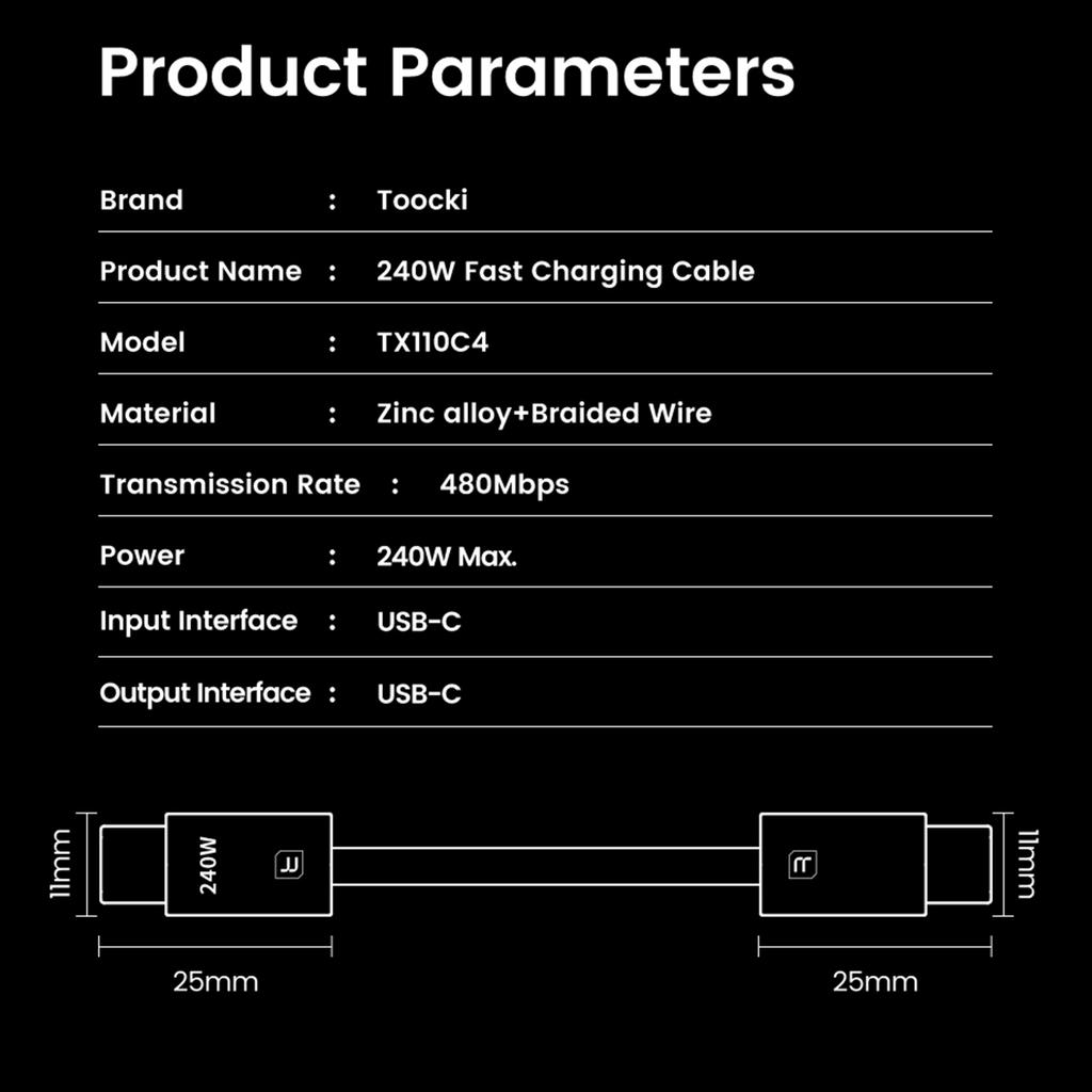 TOOCKI TX110C4 2m 240W Mini Zinc Alloy USB-C To USB-C Cable 480Mbps Data Transfer Cable with Smart Chip for Laptop Phone Tablet