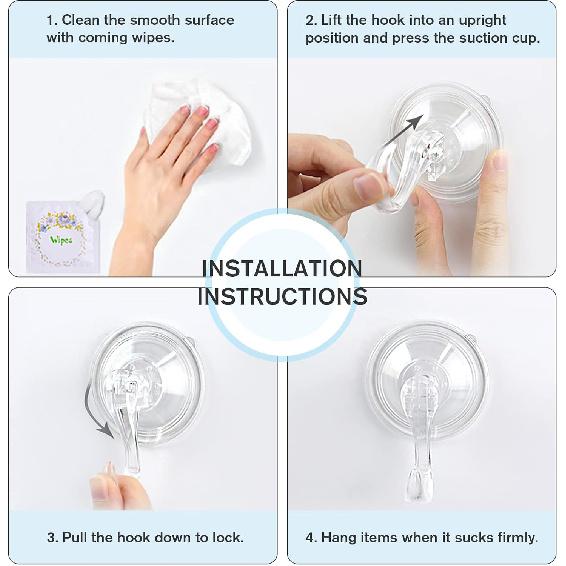 VIS'V Suction Cup Hooks, Small Shower Suction Hooks with Wipes, Heavy Duty, Removable and Reusable, Clear, 2 Pcs