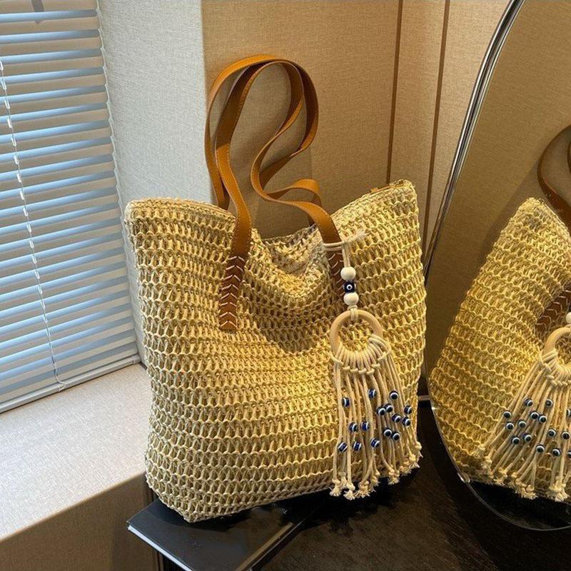 Women Crochet Beach Handbag With Tassel Weaving Travel Handbag Zipper Closure Retro Straw Handbag Ladies Premium