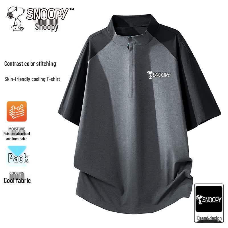 Snoopy Men s Half-Zip Stand Collar Short Sleeve T-Shirt 3XL