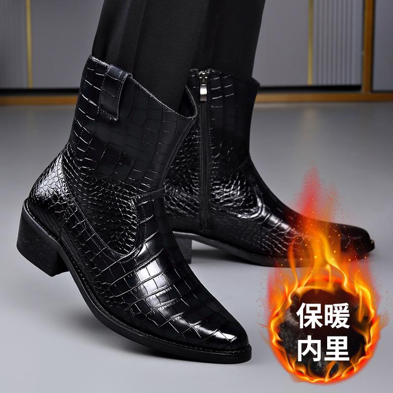 FashionAlligator Pattern Leather Ankle Boots for Men British Style Big Size Fashion Dress Shoes Male Black Designer Chelsea Boots Man