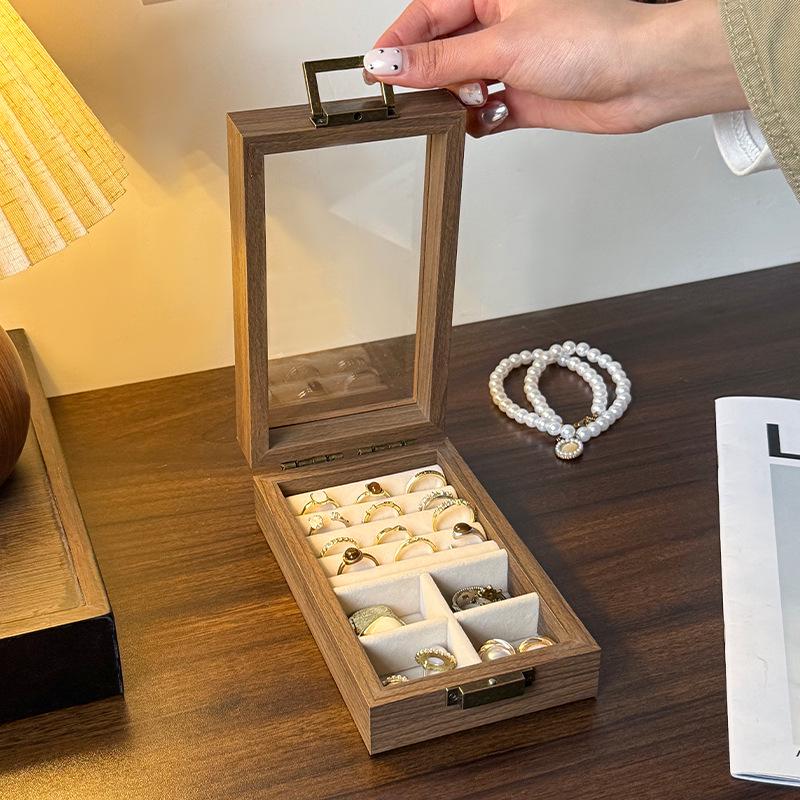 Compact Jewelry Storage Box: Solid Wood Black Walnut Display Stand for Necklaces, Earrings, Studs, Rings, and Bracelets.