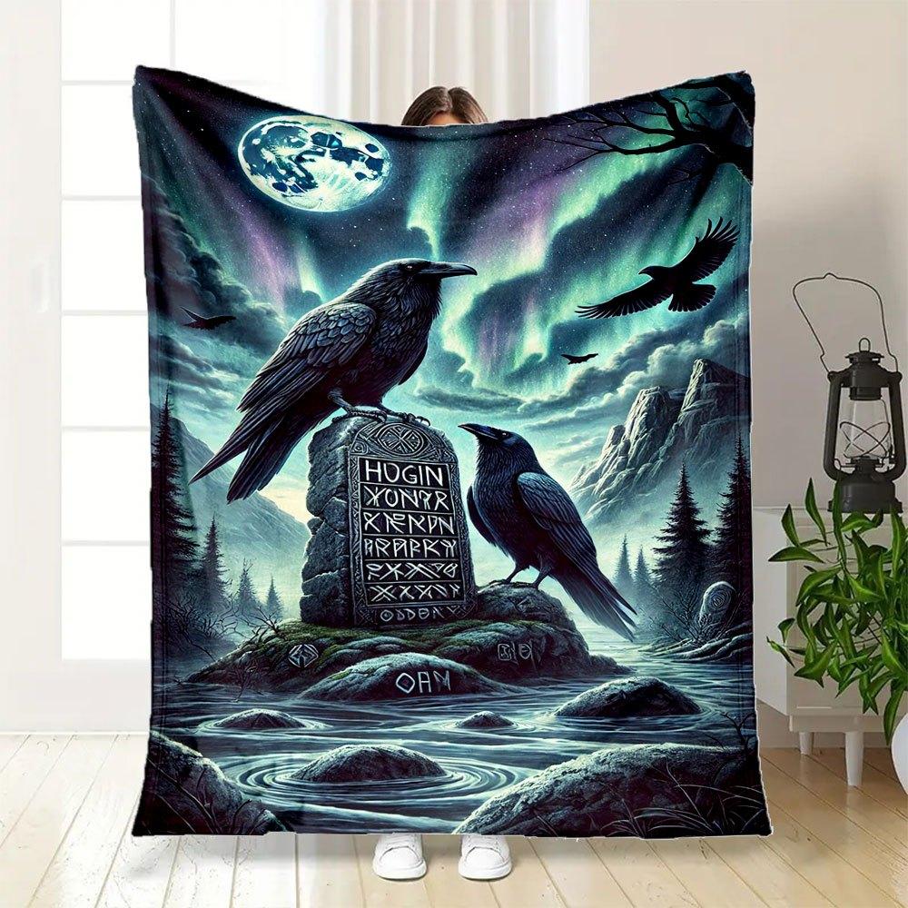 "Midnight Mystique: Raven Statue with Norse Runes - Perfect for Fantasy Enthusiasts"Blanket Flannel Throw Blanket for Sofa, Bed, Travel, Cam