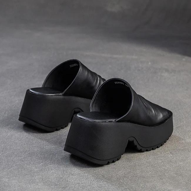 Johnature Retro Peep Toe Venkovní Platformové Pantofle Pravá Kůže Pohodlné Zvyšující Výšku Dámské Boty