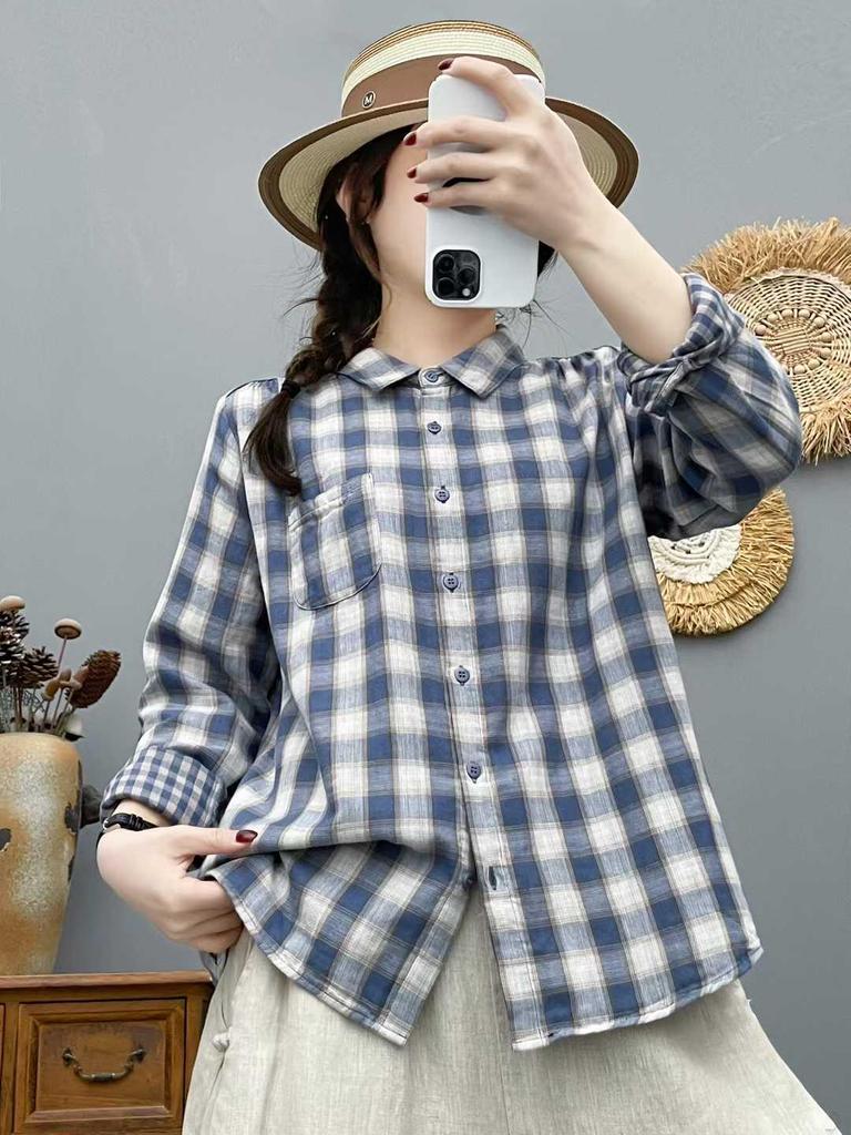 2026 Spring Women's Casual Plaid Long Sleeve Lapel Shirt - Versatile, Age-Reducing, and Relaxed Style