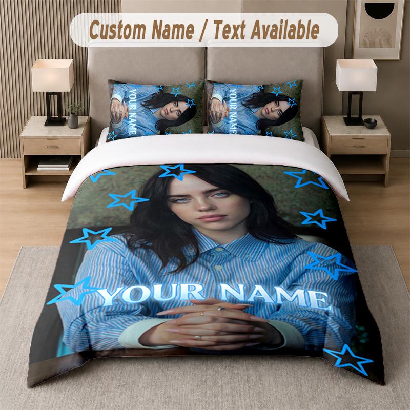 Billie Eilish 3Pcs Bedding Set, Personalized Custom Name Text, 1 Duvet Cover & 2 Pillowcases For Bedroom