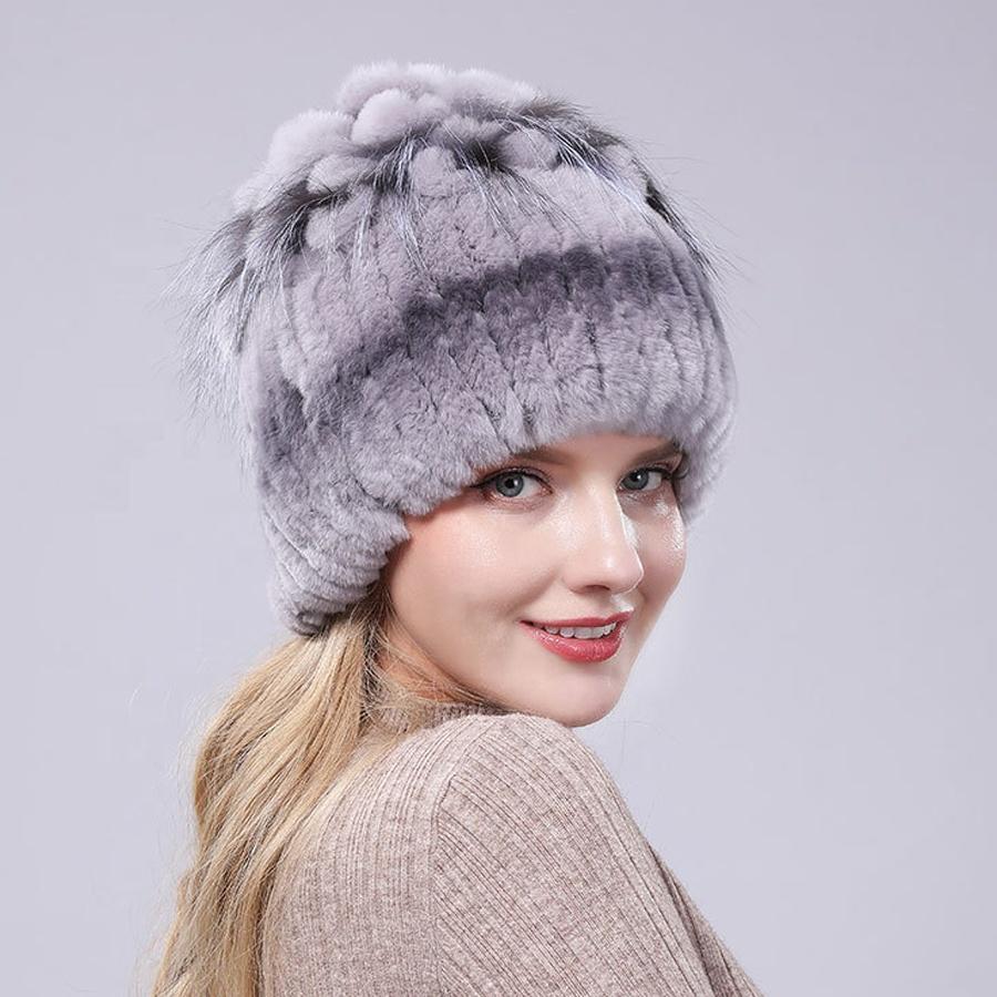 Winter Premium Rabbit Fur Beanie Hats Genuine Rabbit Fur Caps Women Winter Fur Rex Rabbit Knitted Hats Warm Beanie Caps