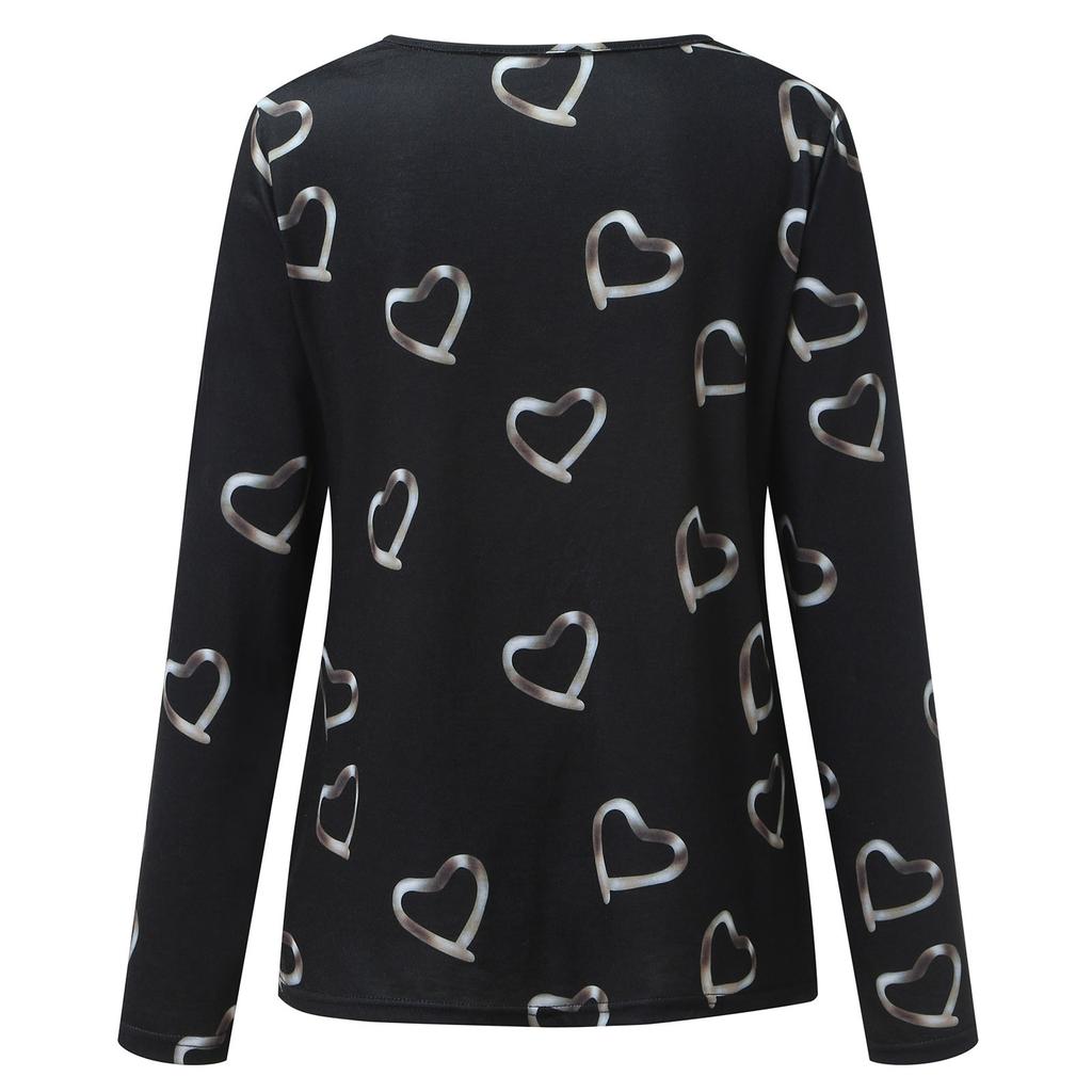 Women Hearts Print V-neck Lace Patchwork Long Sleeve T-shirt Top Blouse