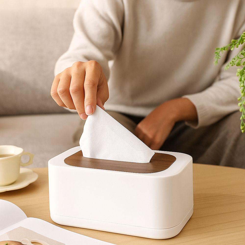 Wooden Cover Tissue Box Plastic Waterproof Napkin Holder Spring Mechanism Removable Tissue Dispenser Living Room