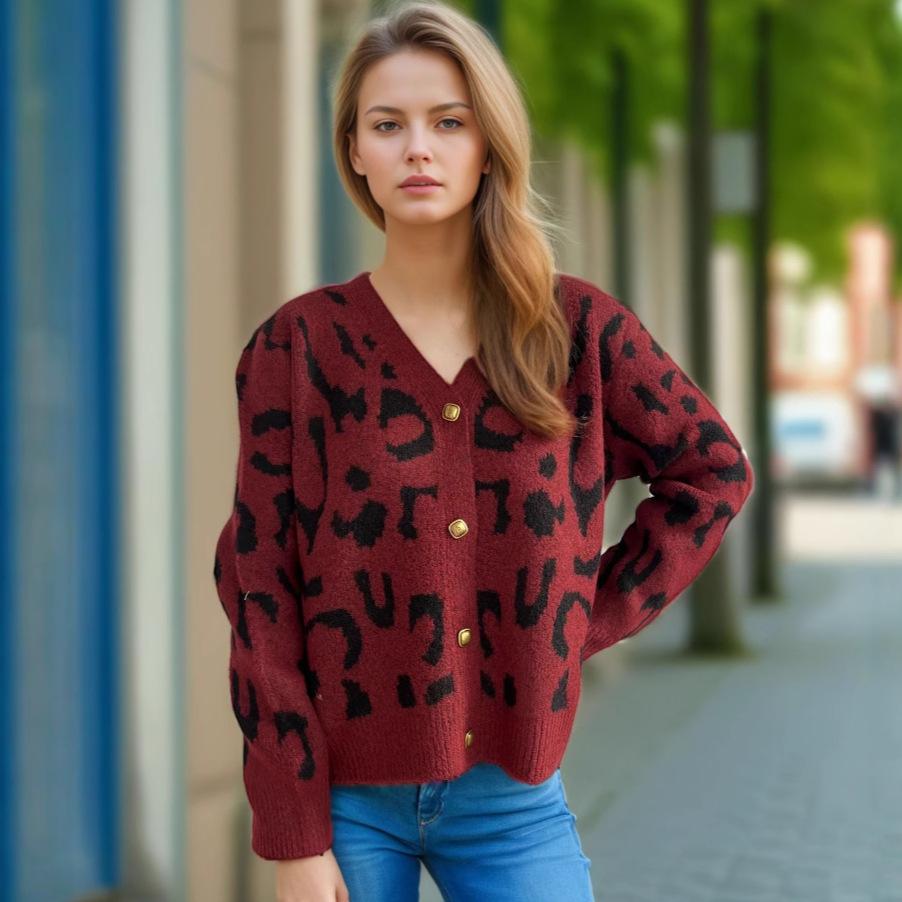 Autumn and winter new leopard print short sweater women's cross-border V-neck casual knitted cardigan top 3580 KTB