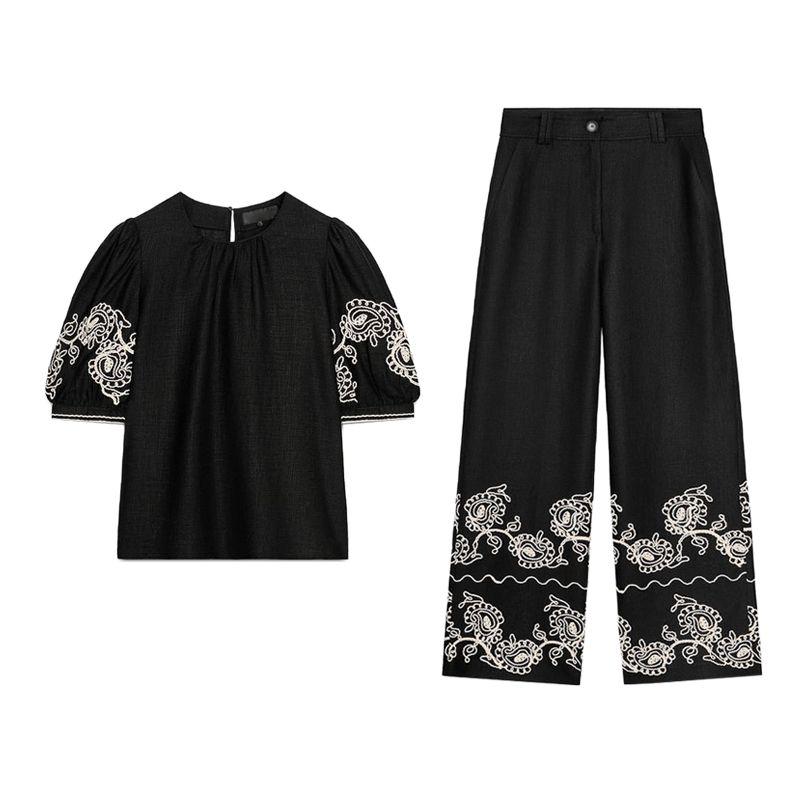 round Neck Short sleeve Linen Blend Embroidered Top 2731105 Mid Waist Wide Leg Casual Trousers 2731104