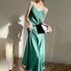 Damen Midikleid Satin Spaghettiträger V-Ausschnitt Basic Ärmellos Zum Ausgehen Rückenfrei Hohe Taille Elegant Dame Sommerkleid Damen Kleidung