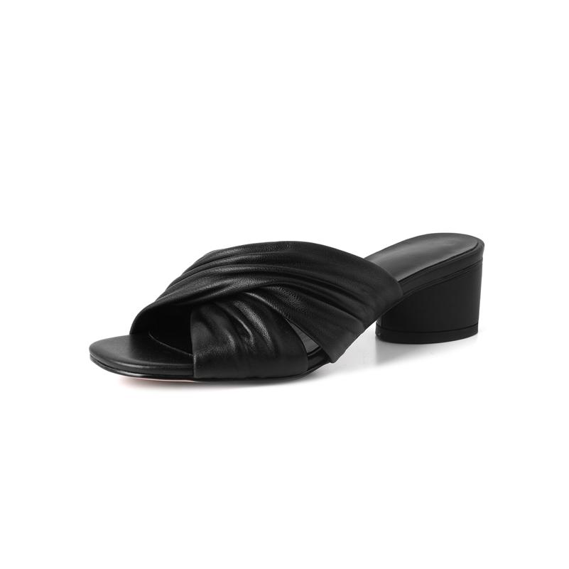 

Meotina/женские шлепанцы из натуральной кожи, летние сандалии на среднем каблуке с квадратным носком, плиссированная женская обувь на толстом каблуке, зелено-розовая овчина 34 чёрный