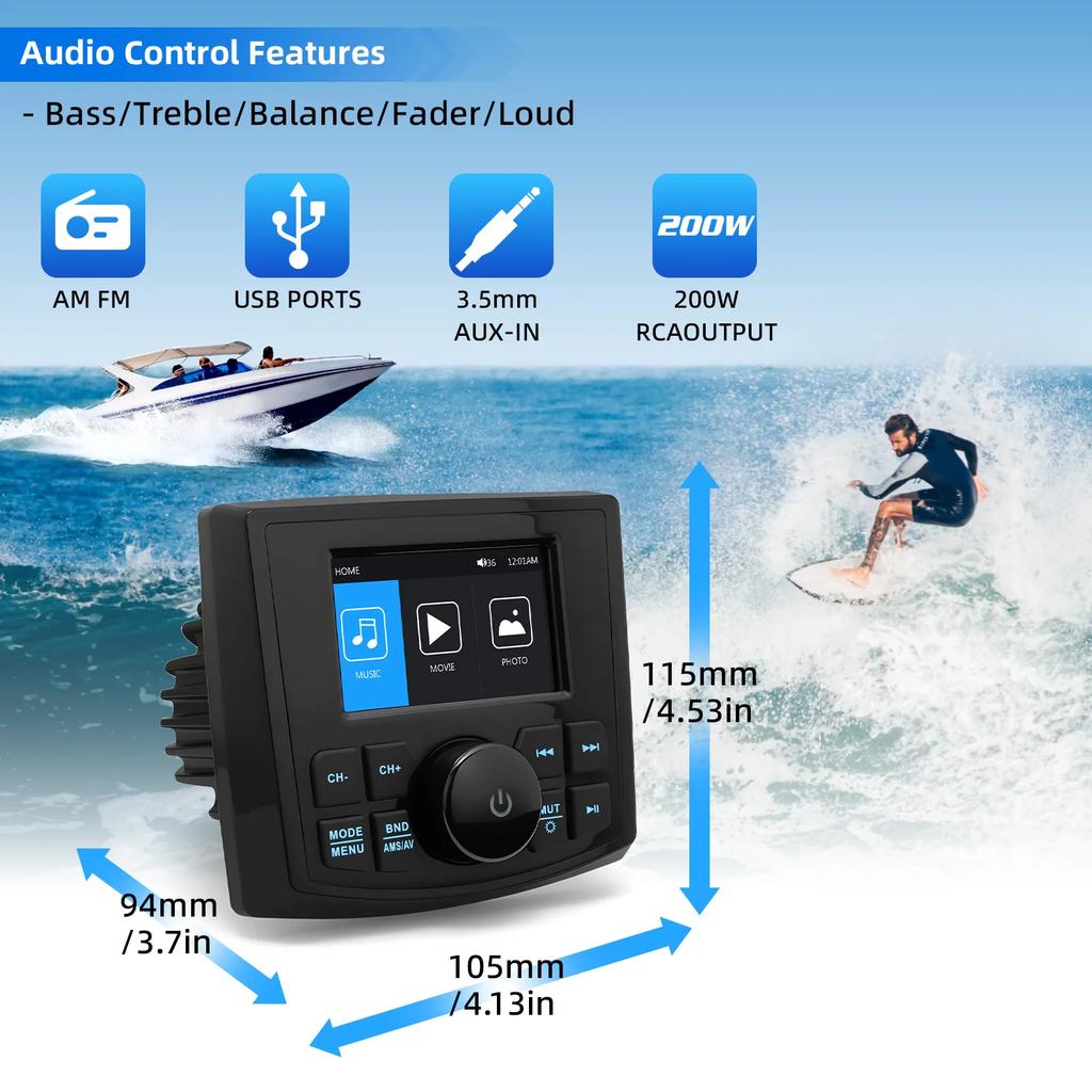MP5 Marine Stereo Boat Radio Media Player Bluetooth-compatible FM AM Video Display For Yacht ATV UTV SUV Boat Accessories