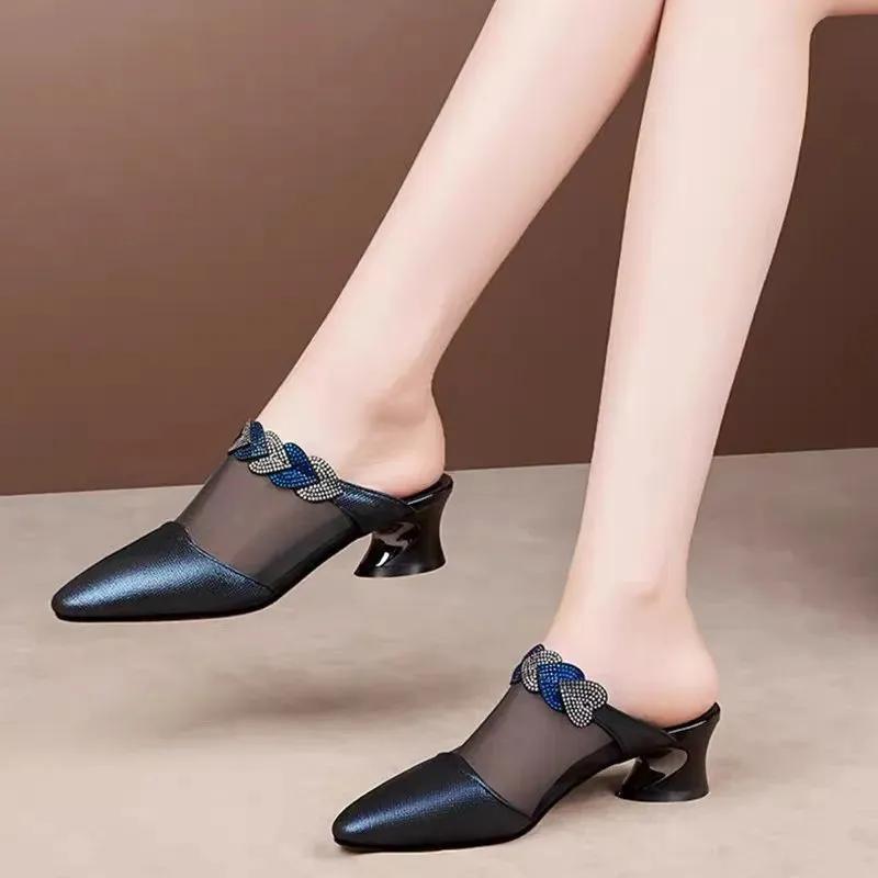 Sapatos Femininos Women Fashion Pointed Toe Mesh Transparent Summer Square Heels Lady Casual Sweet Heel Shoes A7016