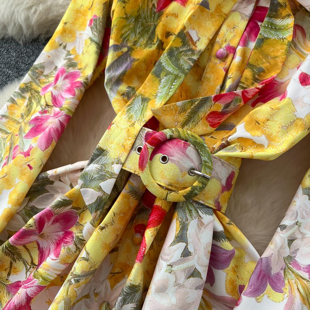 Spring Autumn Women Vintage Print Lace-up Collar Single Breasted Long Maxi Holiday Party Dresses with Belt