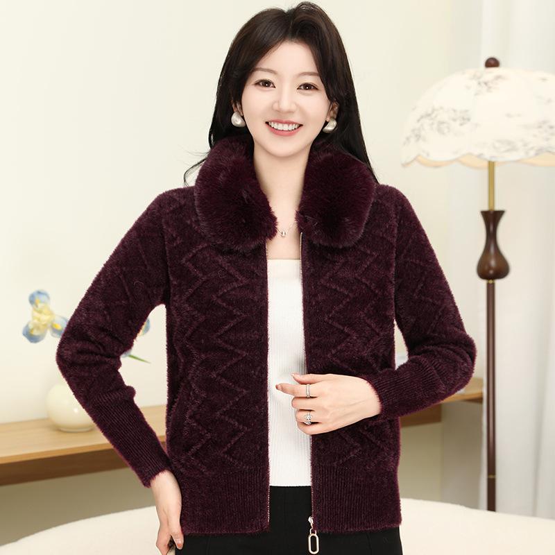 Fashionable Women's Faux Mink Fur Cardigan with Large Collar – Warm Knit Sweater for Autumn/Winter