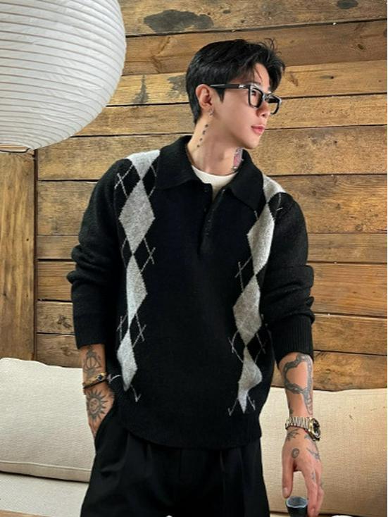Hochwertiger Strickpullover mit Rautenmuster: Leiser Luxus, Lässiger Entspannter Stil mit Mehreren Knöpfen