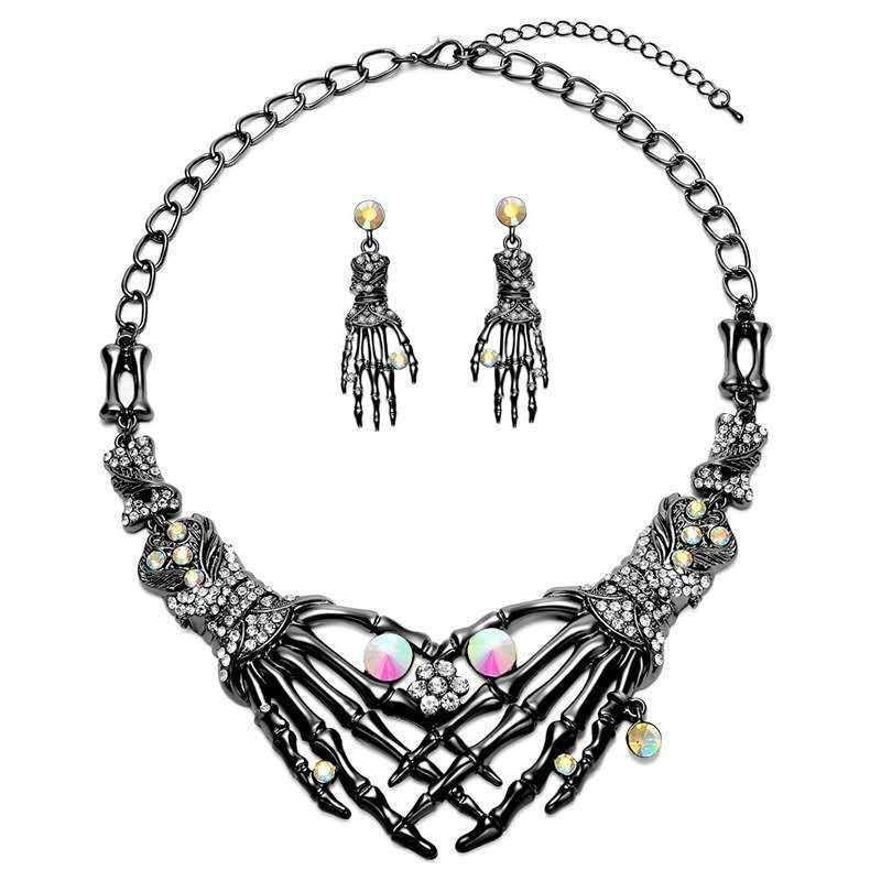 Halloween Skeleton Hand Necklace Earrings Set Rhinestone Gothic Jewelry Alloy Costume Party Accessories for Women/Men