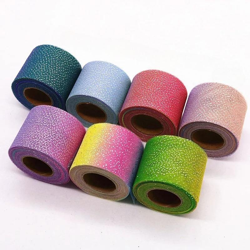 25Yards/roll 6cm Silver Glitter Dot Rainbow Tulle Mesh Ribbon DIY Headwear Organza Fabric Tutu Dress Baby Shower Party Supplies