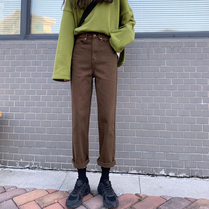 Autumn Brown Straight Denim Vintage Slender Office Lady Jeans Women Trousers High Waist Large Size Pants Female