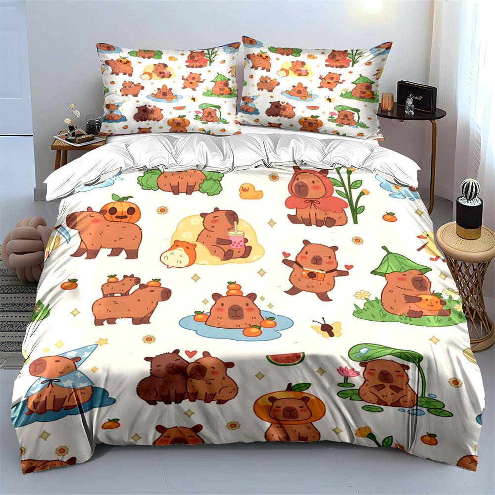 Capybara Cartoon Pattern Set Bedding Duvet Cover Set (1*Duvet Cover 2*Pillowcases, Without Duvet Insert)
