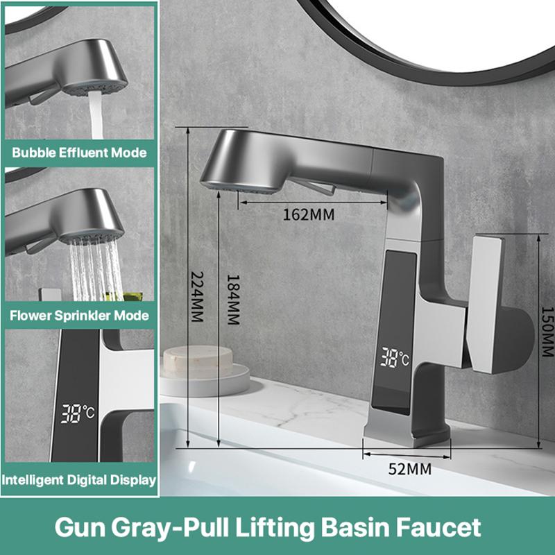 Digital Display Pulling Faucet Kitchen Area Sink Washbasin Rotating Lifting Tap Cold And Dual Control Fourth Gear Water Outlet